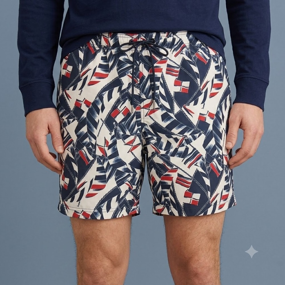 Lands' End Swim‎ Trunks Mens L Navy Red White Nautical Sail Graphic Board Short